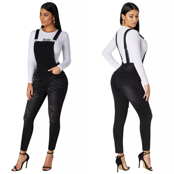 New Black denim distressed jumpsuit overalls size Small - Picture 3 of 7